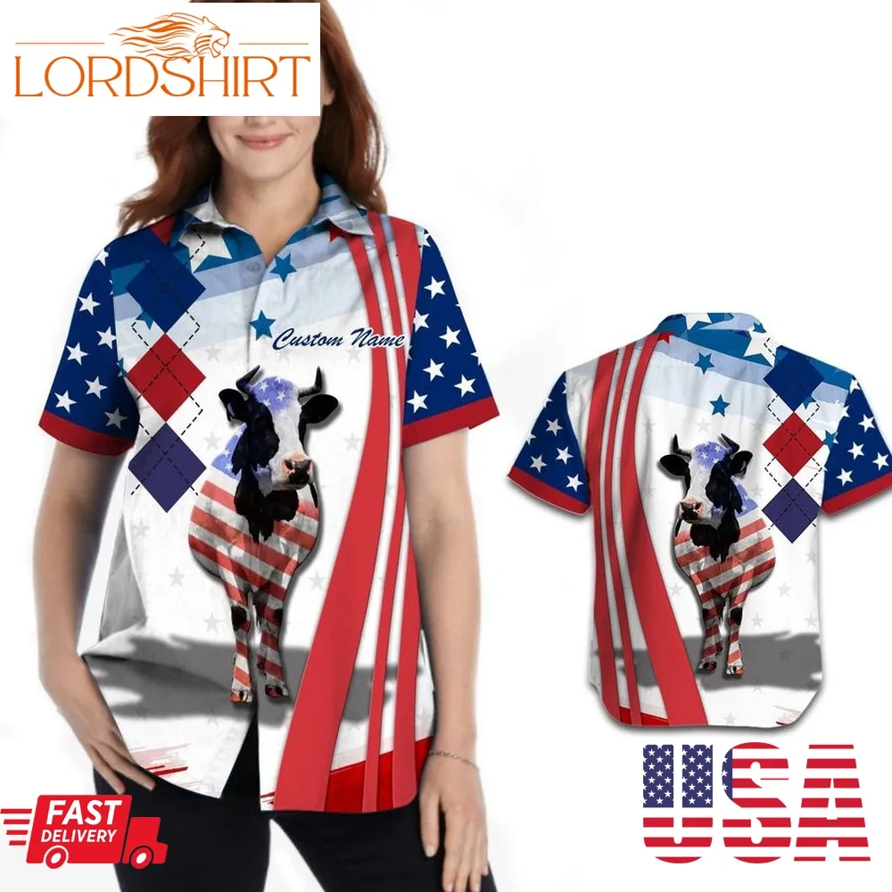 Cow American Flag Independence Day 4Th Of July Custom Name Women Hawaiian Shirt