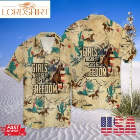 Cowgirl Girl Whiskey Horses And Freedom For Men And Women Graphic Print Short Sleeve Hawaiian Casual Shirt Y97