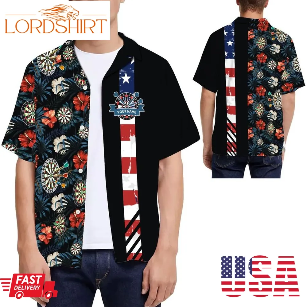 Custom Name Darts American Flag Tropical Hawaiian Shirt For Men For Sports Lovers