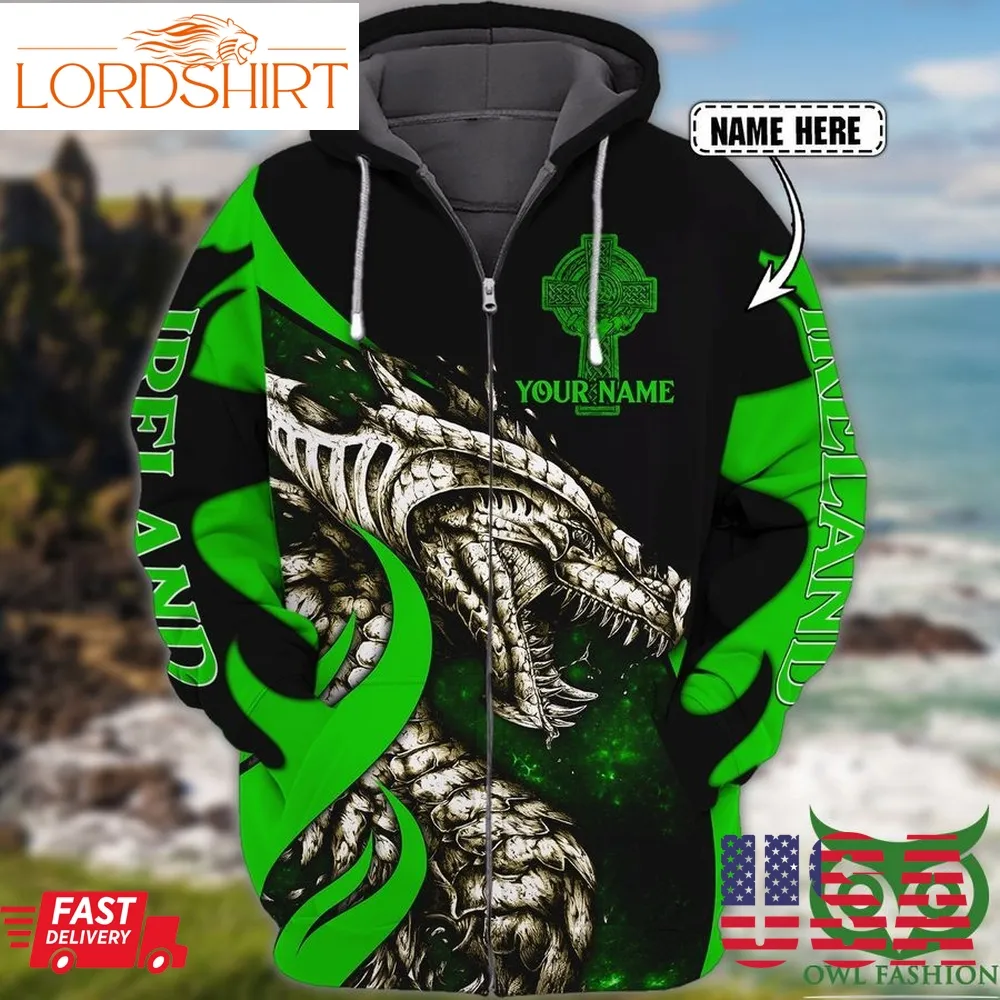 Custom Name Green And Black Ireland Lines With Dark Dragon And Crucifix Stpatrick's Day 3D Hoodie