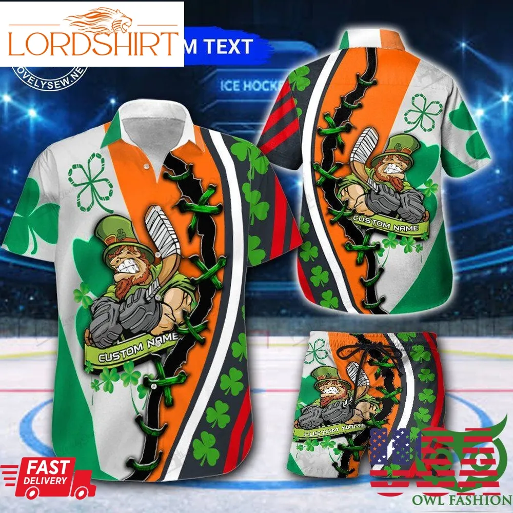 Custom Name Hockey Saint Patrick's Day Angry Character Hawaiian Shirt And Shorts