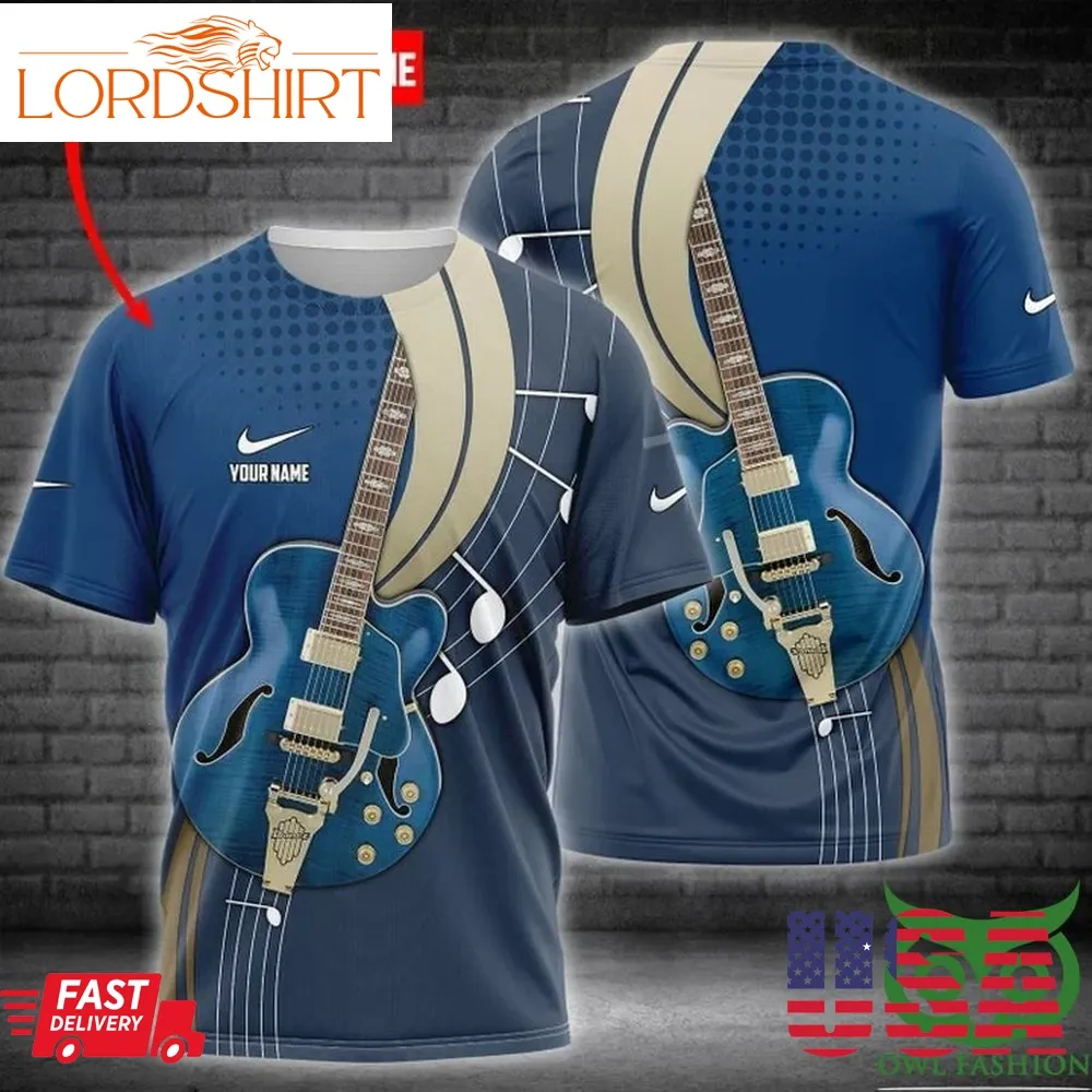 Custom Name Luxury Nike Blue Guitar 3D T Shirt