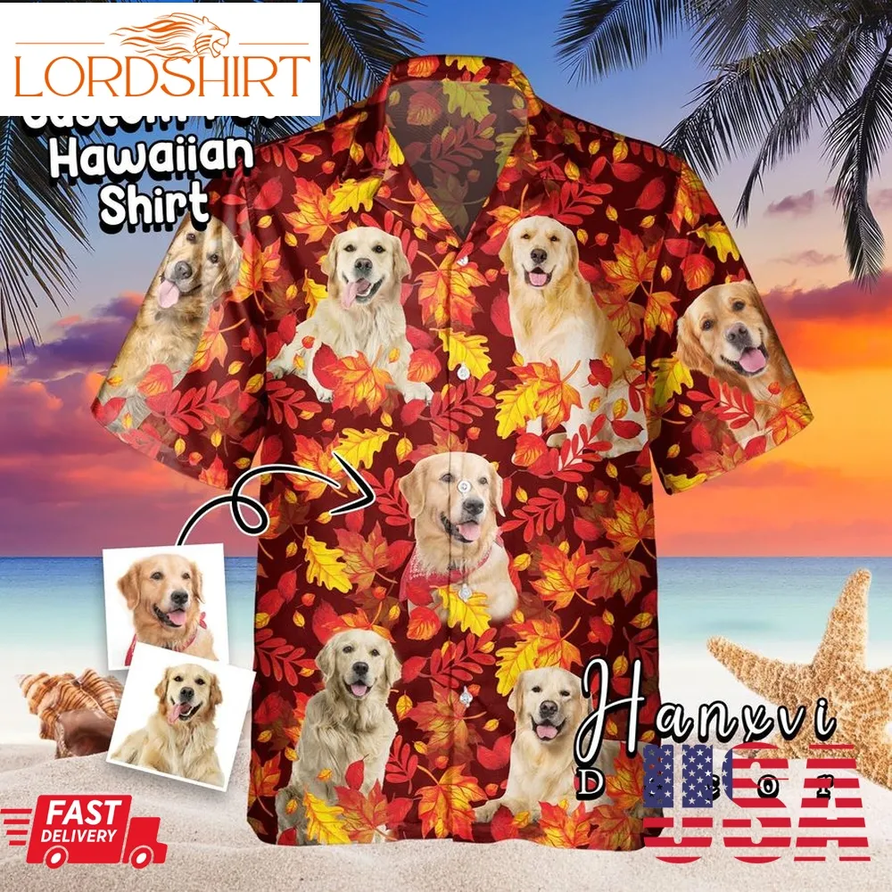 Custom Pet Portrait Hawaii Shirt, Red Autumn Leaves Hawaiian Shirt, Personalized Pet Image Gift, Custom Dog Mom Shirt, Gift For Dog Dad