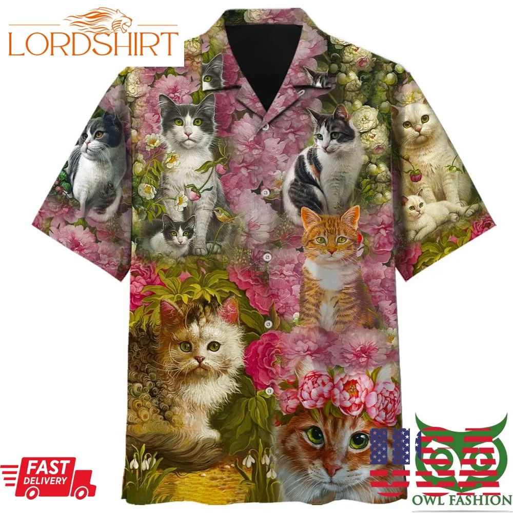 Cute Cats Colorful Floral Hawaiian Shirt