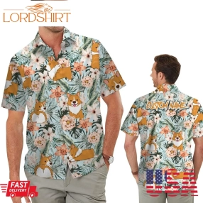 Cute Corgi Retro Hawaiian Aloha Floral Tropical Men Custom Name Beach Button Up Shirt For Dog Lovers On Summer Vacation