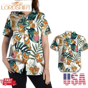 Cute Corgi Women Hawaiian Aloha Tropical Floral Beach Button Up Shirt For Dog Lovers On Summer Vacation