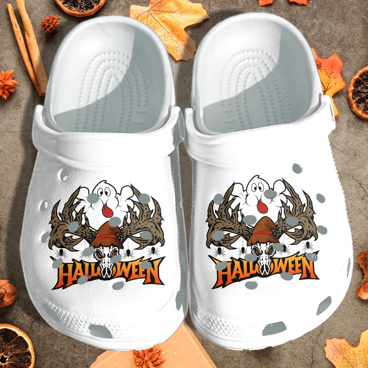 Cute Ghost With Skull Deer Tattoo Shoes Clog   Happy Halloween Crocs Crocband Clog Birthday Gift For Man Boy