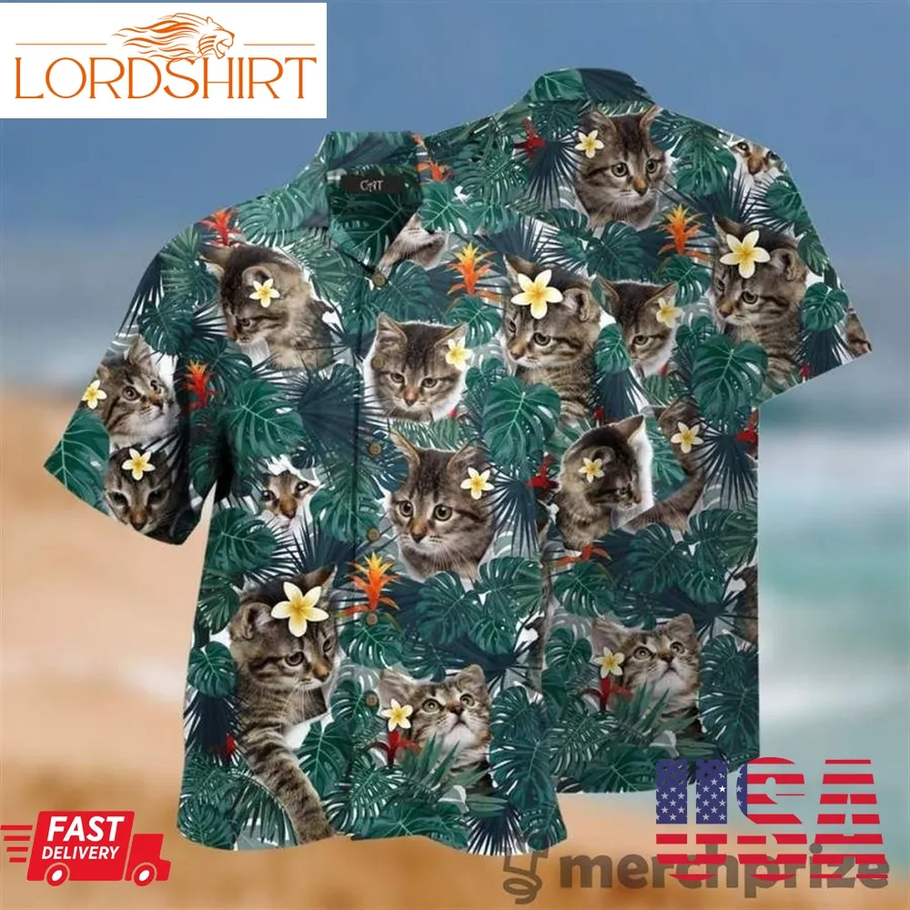 Cute Little Cat Tropical Hawaiian Aloha Aloha Shirts Hawaiian Shorts Beach Short Sleeve