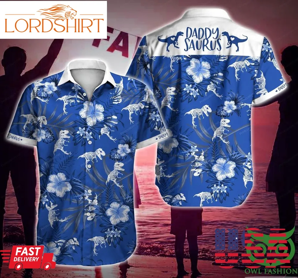 Daddysaurus Dinosaur Blue And White Flowers Hawaiian Shirt