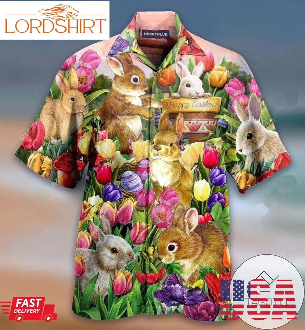 Discover Cool Lovely Bunny In The Tulip Garden Happy Easter Hawaiian Aloha Shirts