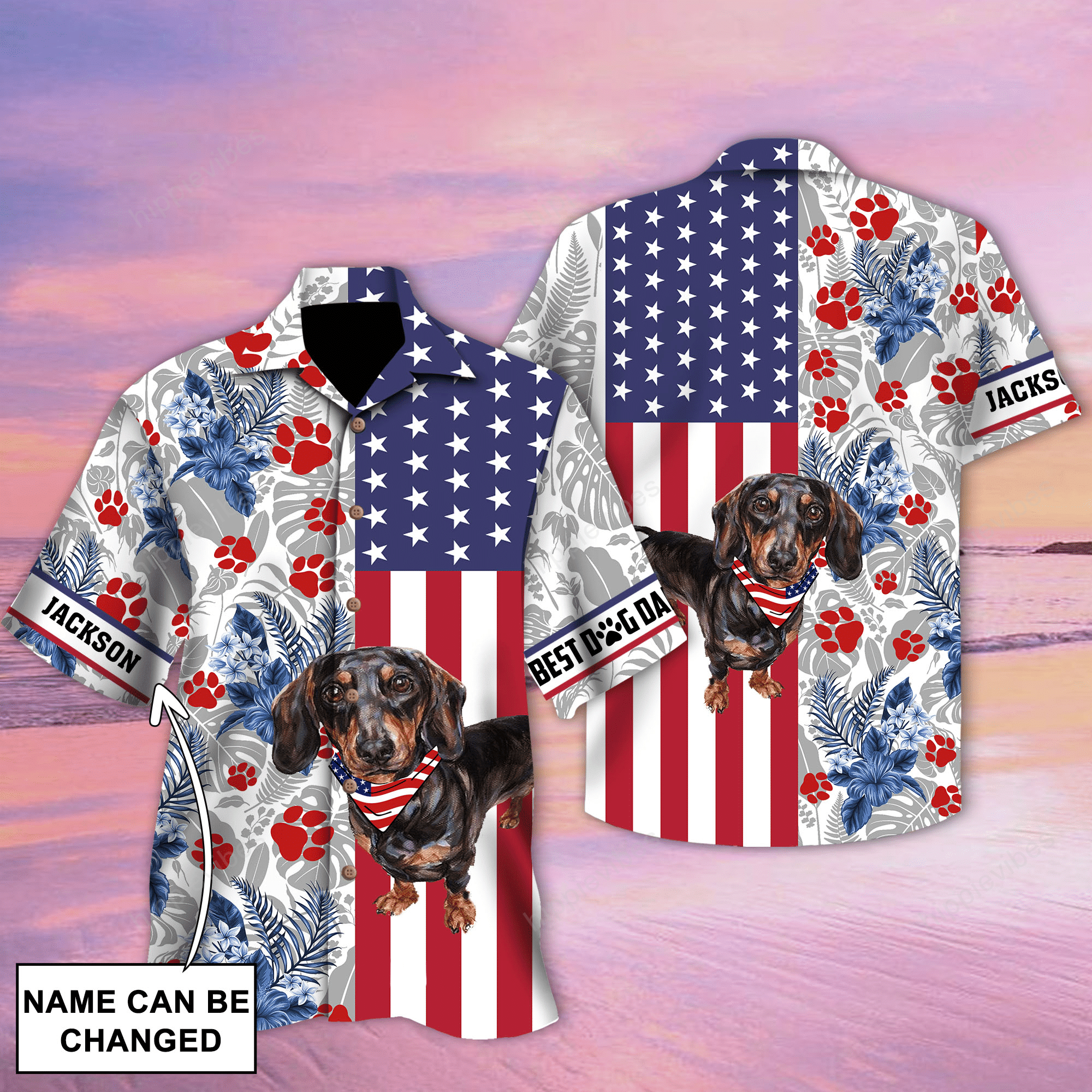 Dog Shirts   Miniature Dachshund Puppies American Flag Pattern Unique Custom Hawaiian Shirt Re