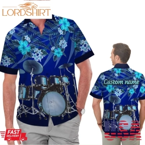 Drums Image Tropical Floral Aloha Custom Name Men Button Up Hawaiian Shirt Personalized Gifts For Drummers Music Lovers