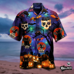 Eddora Scary Halloween Black Cat Unisex Hawaiian Shirt   Td379