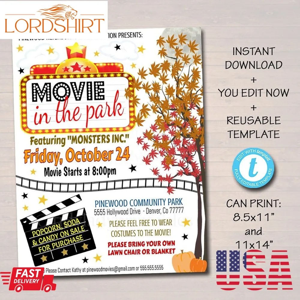 Editable Movie Night Flyer, Printable Pta Pto Flyer, School Church Benefit Fundraiser Outdoor Movies In The Park Poster Printable Invitation