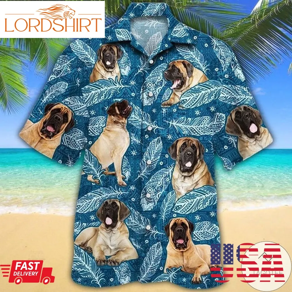 English Mastiff Dog Lovers Blue Feather Hawaiian Shirt