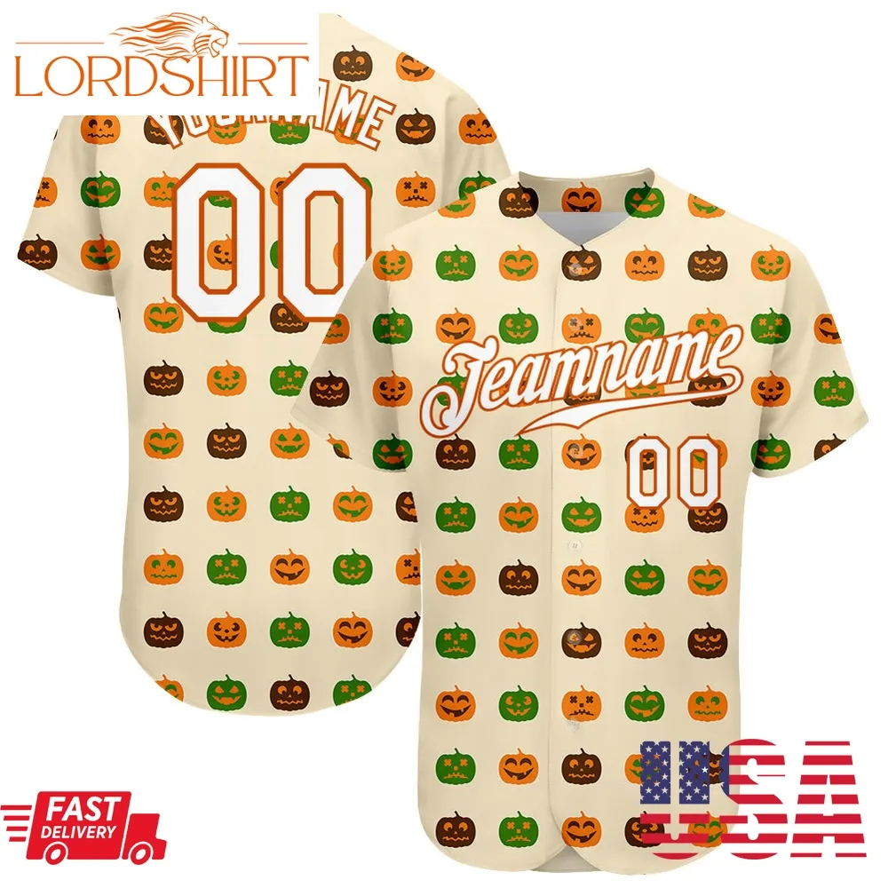 Felacia Baseball Jersey Custom Cream White Texas Orange 3D Pattern Design &8221;Halloween Pumpkins&8221; Authentic