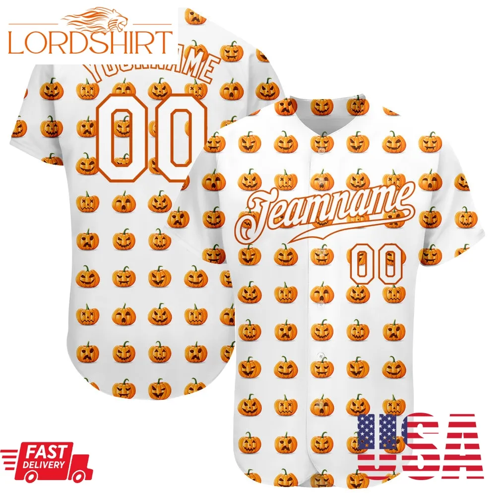 Felacia Baseball Jersey Custom White White Texas Orange 3D Pattern Design &8221;Halloween Pumpkins Funny Faces&8221; Authentic