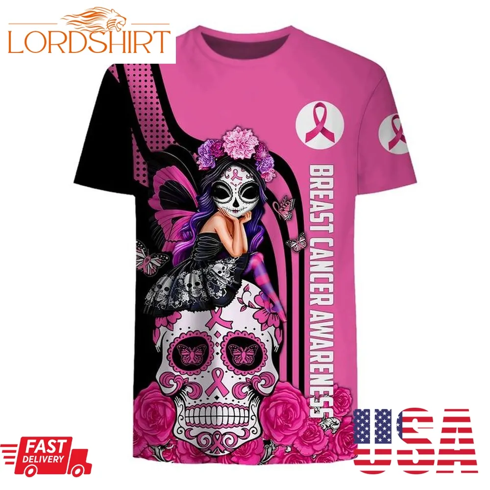 Fight Like A Girl Breast Cancer Awareness Sugar Skull Fairy 3D Shirt, Hoodie