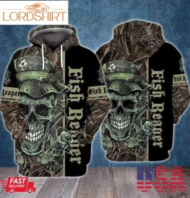 Fishing Reaper Skull 3D Hoodie Fishing Birthday Gifts For Dad Men