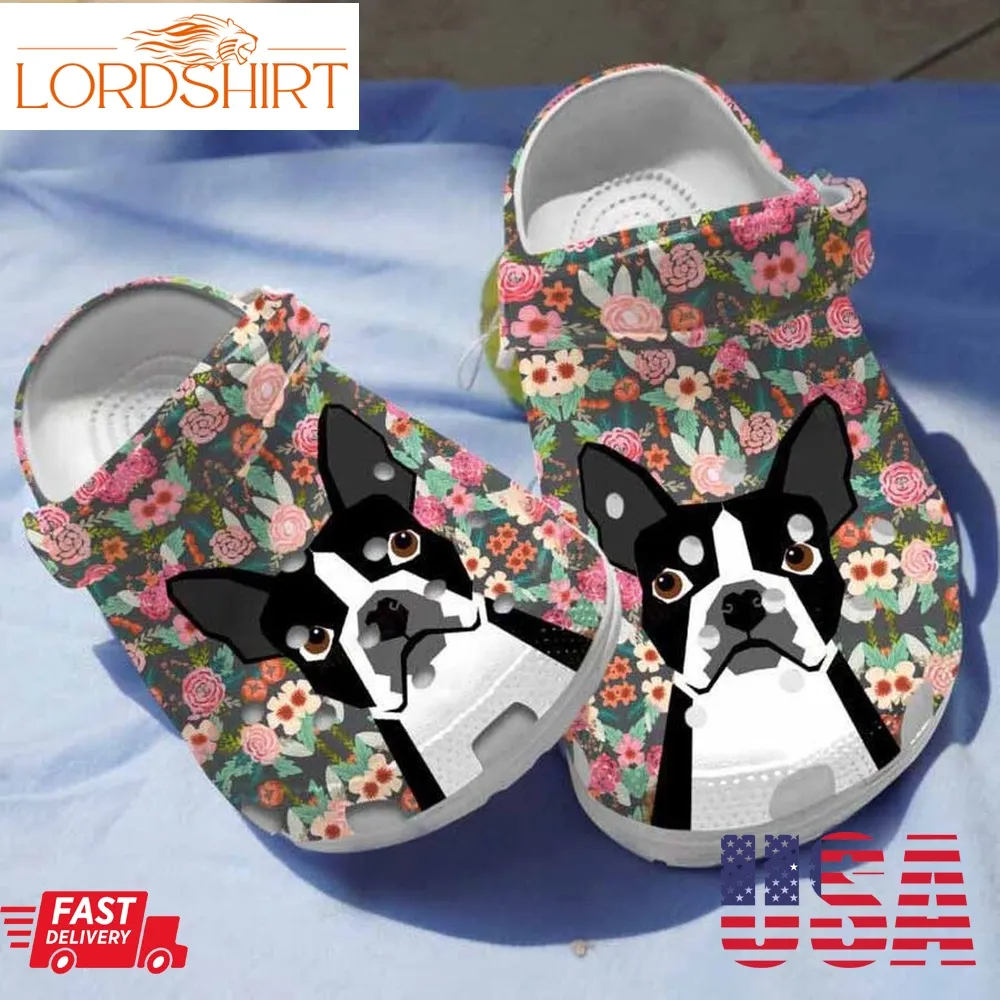 Floral Robot Boston Terriers Dog Clogs Crocs Shoes Birthday Gifts For Girls   Fbtd171