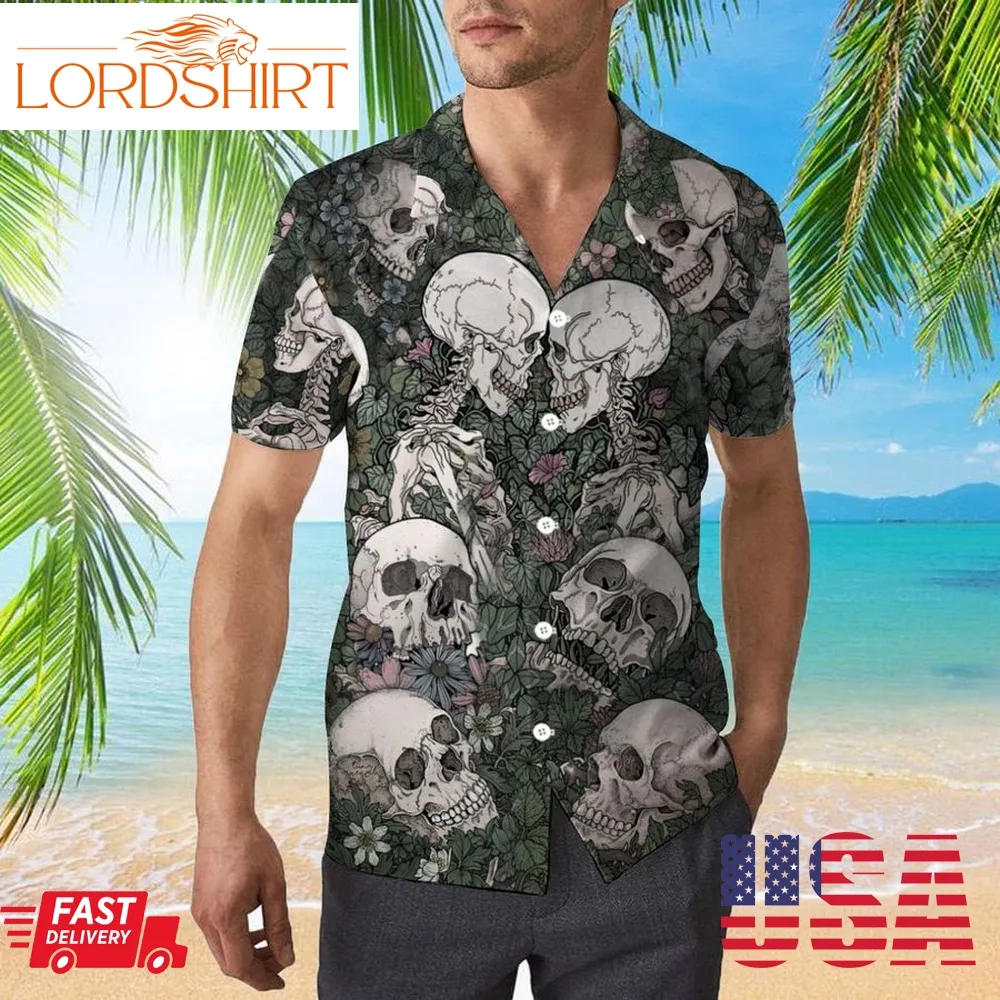 Flowers Flora Skeleton Skull 3D All Over Print Button Design For Halloween Hawaii Shirt