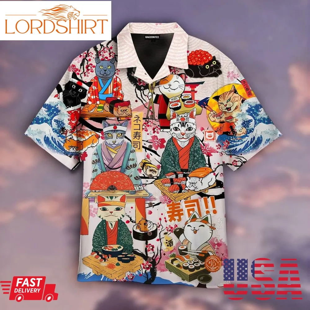 Funny Cat Eat Sushi Japanese Aloha Hawaiian Shirt