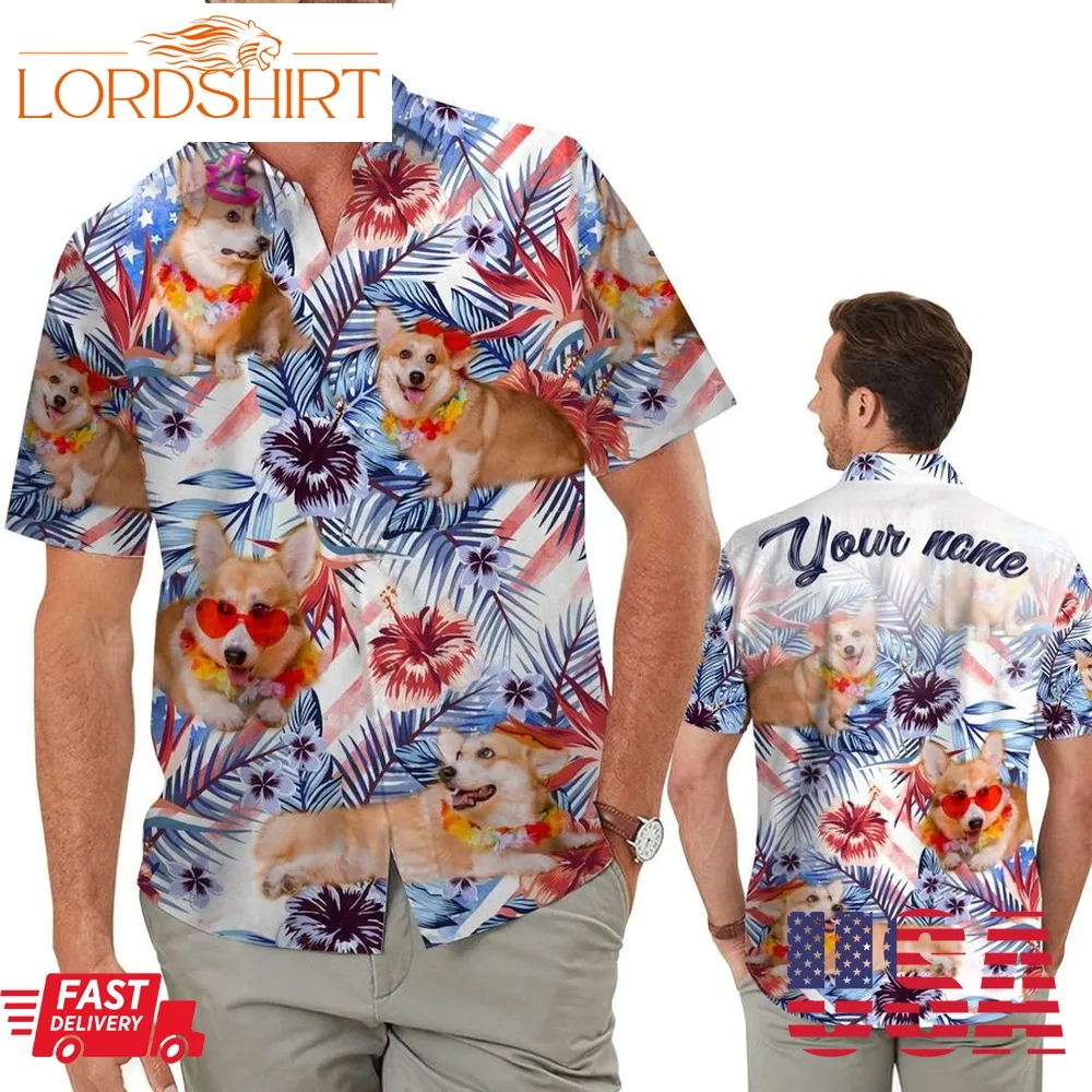 Funny Corgi Tropical Floral America Flag Custom Name Personalized Men Aloha Button Up Hawaiian Shirt For Dog Lovers