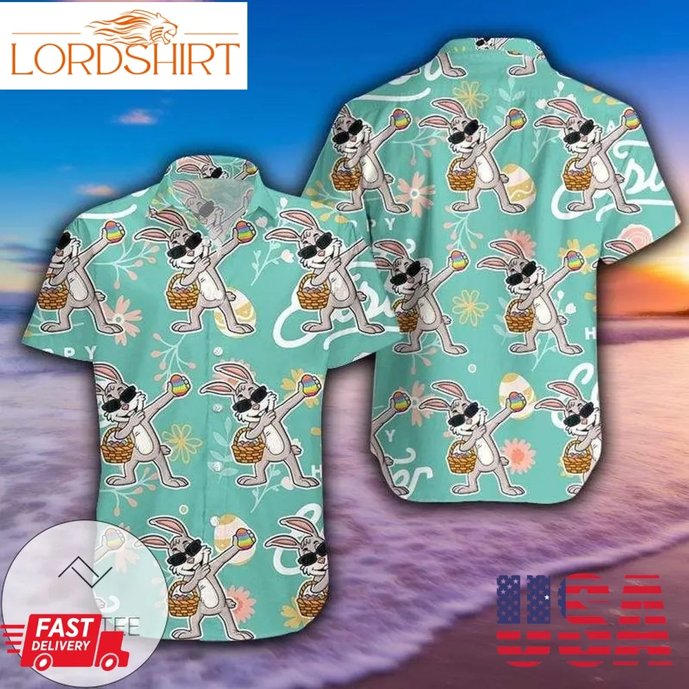 Funny Dabbing Bunny With Egg Happy Easter Green Hawaiian Aloha Shirts