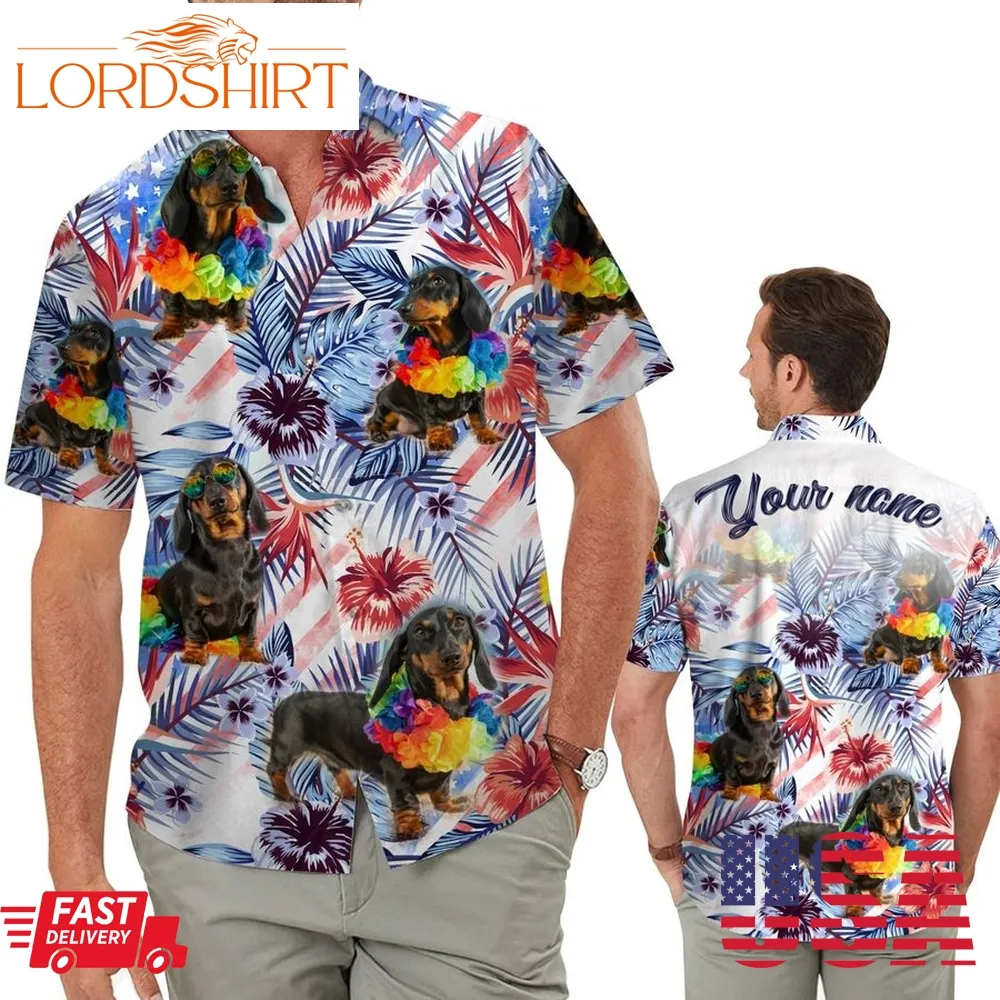 Funny Dachshund Tropical Floral America Flag Custom Name Personalized Men Aloha Button Up Hawaiian Shirt For Dog Lovers