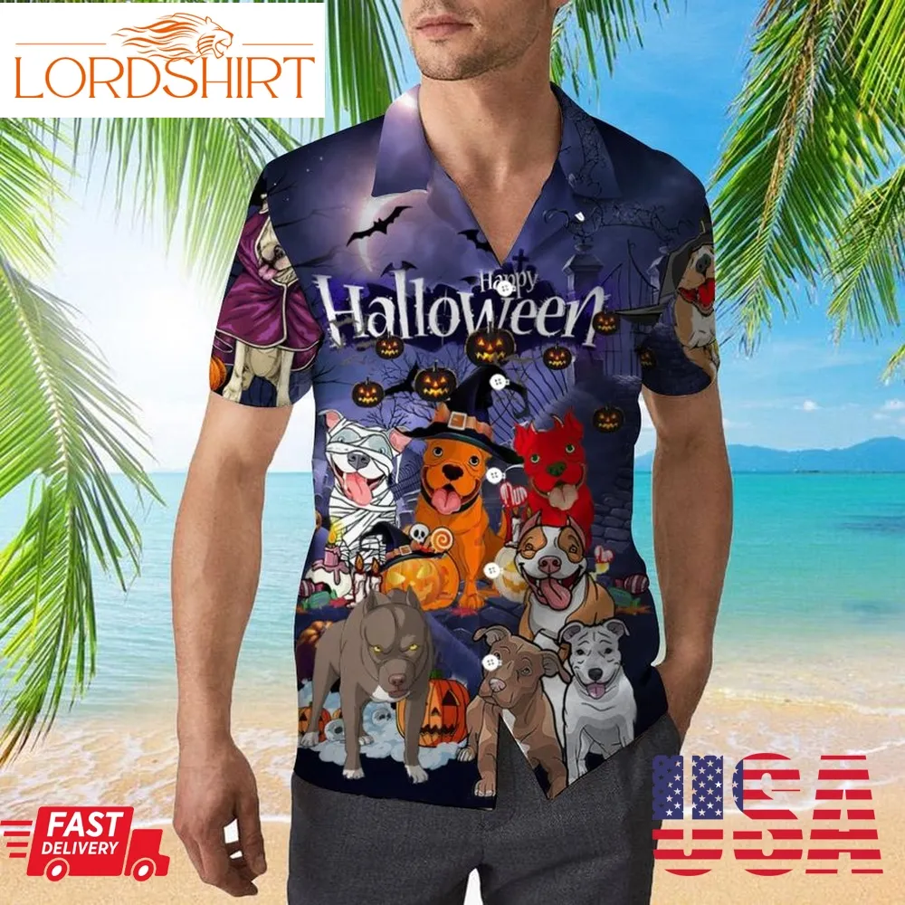 Funny Pitbull Dog 3D All Over Print Button Design For Halloween Hawaii Shirt