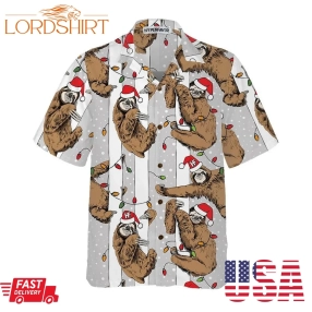 Funny Sloth In Santa Hat Grey Christmas Hawaiian Shirt