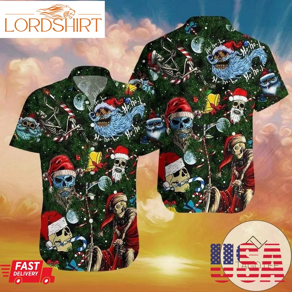 Get Here Christmas Ho Ho Ho Santa Skull Green Hawaiian Aloha Shirts