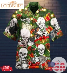 Get Here Christmas Skull Love Cat Green Hawaiian Aloha Shirts