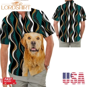 Golden Retriever Hawaiian Aloha Tropical Floral Men Beach Button Up Shirt For Dog Owner And Pet Lover On Summer Vacation