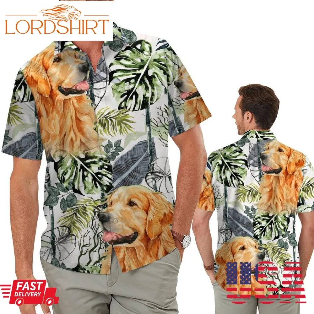 Golden Retriever Vintage Tropical Leaves Men Aloha Hawaiian Button Up Shirt For Dog Lovers In Beach Summer Vacation