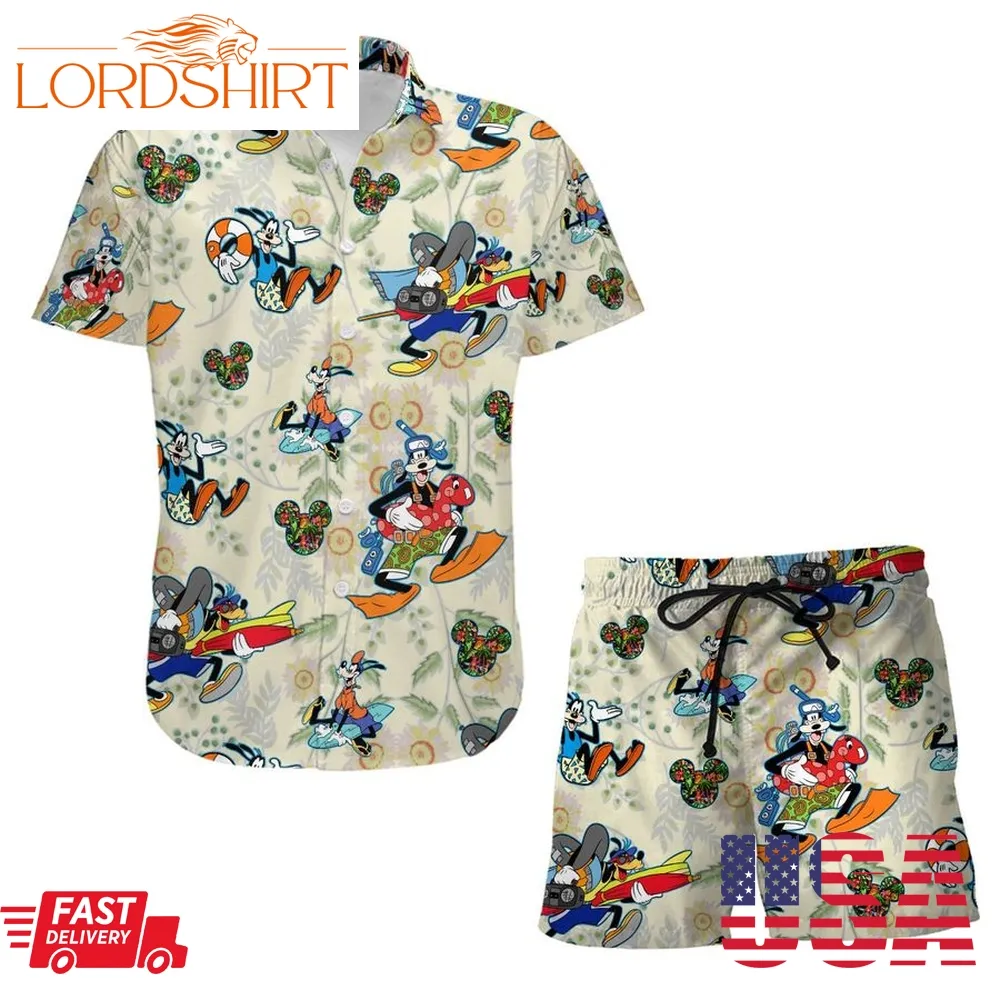 Goofy Dog Surf Snorkel Summer Tropical Print Disney Hawaiian Button Down Shirt Shorts Set Unisex Outfits Men Women Youth Kids