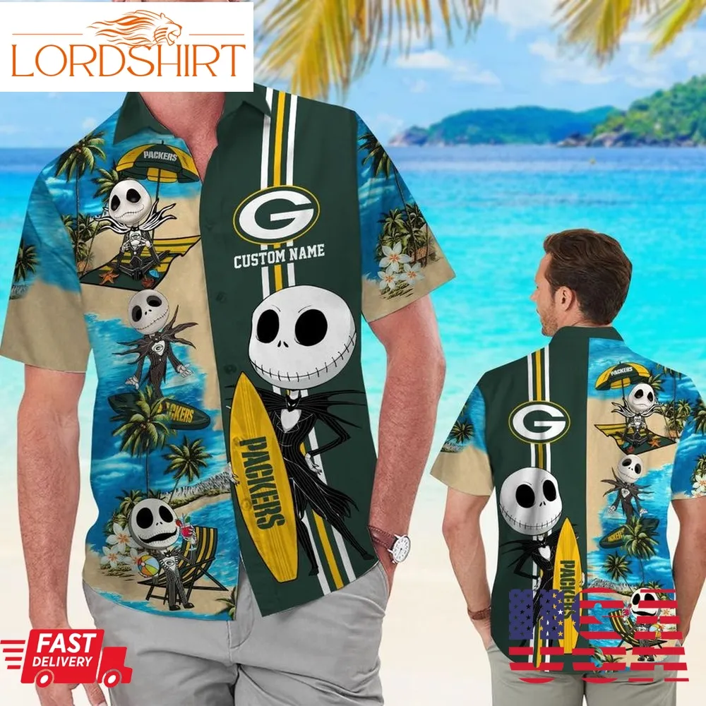 Green Bay Packers Jack Skellington Custom Name Short Sleeve Button Up Tropical Aloha Hawaiian Shirts For Men Women