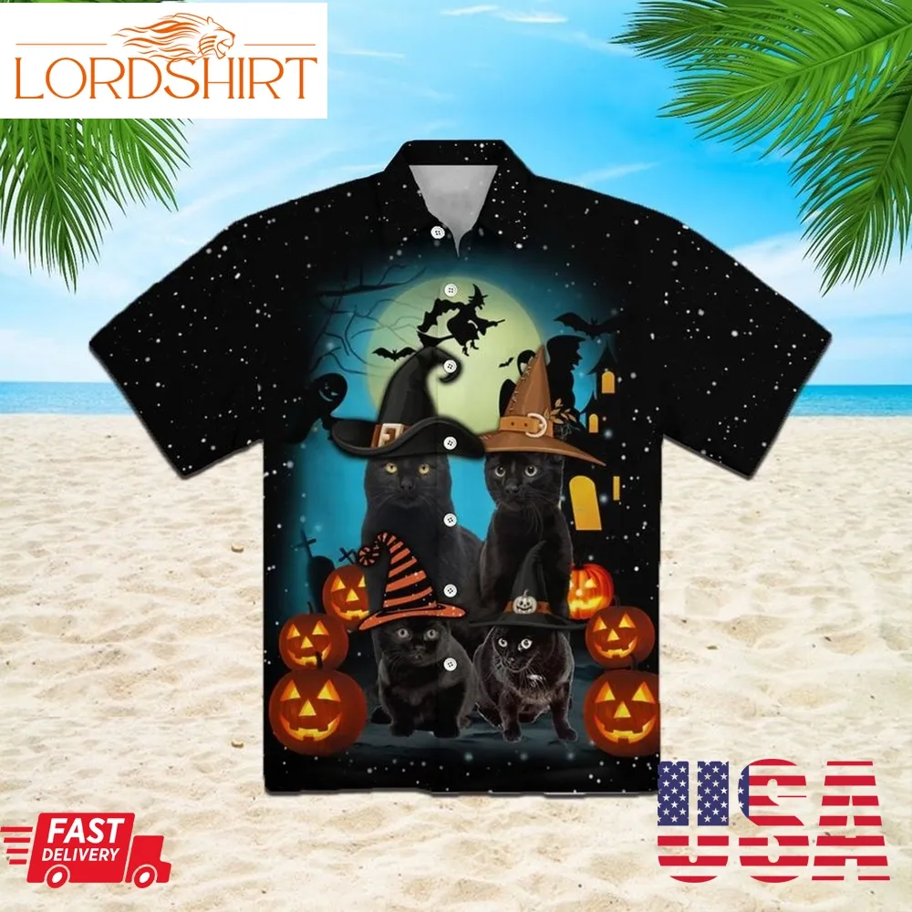 Halloween Black Cat Family 3D All Over Print Button Design For Halloween Hawaii Shirt
