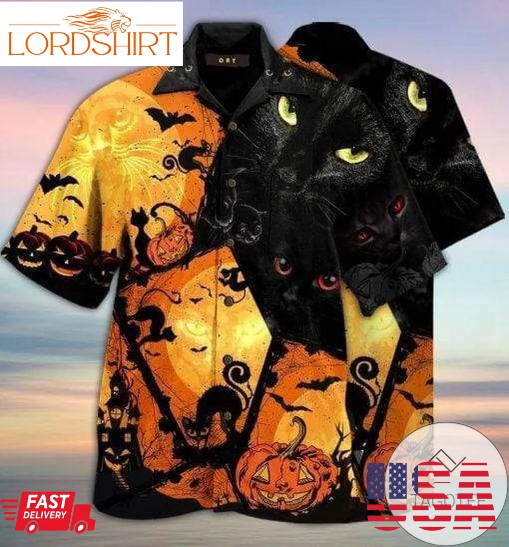 Halloween Black Cat Full Printing Hawaiian Aloha Shirts V