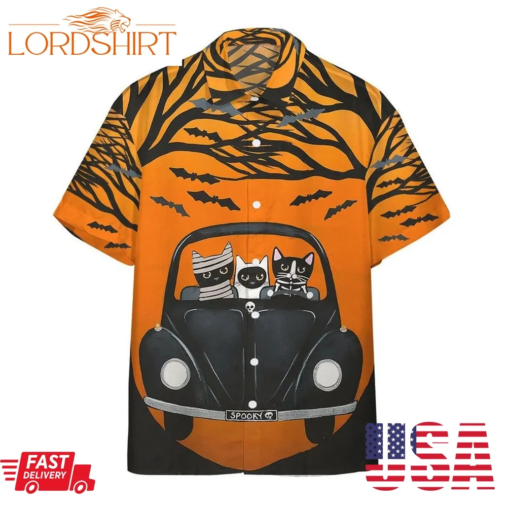 Happy A Spooky Drive Black Cats 3D Summer Button Design For Halloween Hawaii Shirt