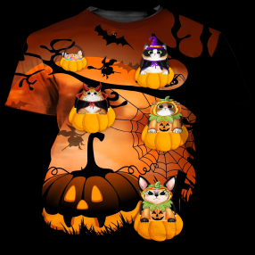 Happy Halloween Cat In Pumpkin Tree 3D T Shirt