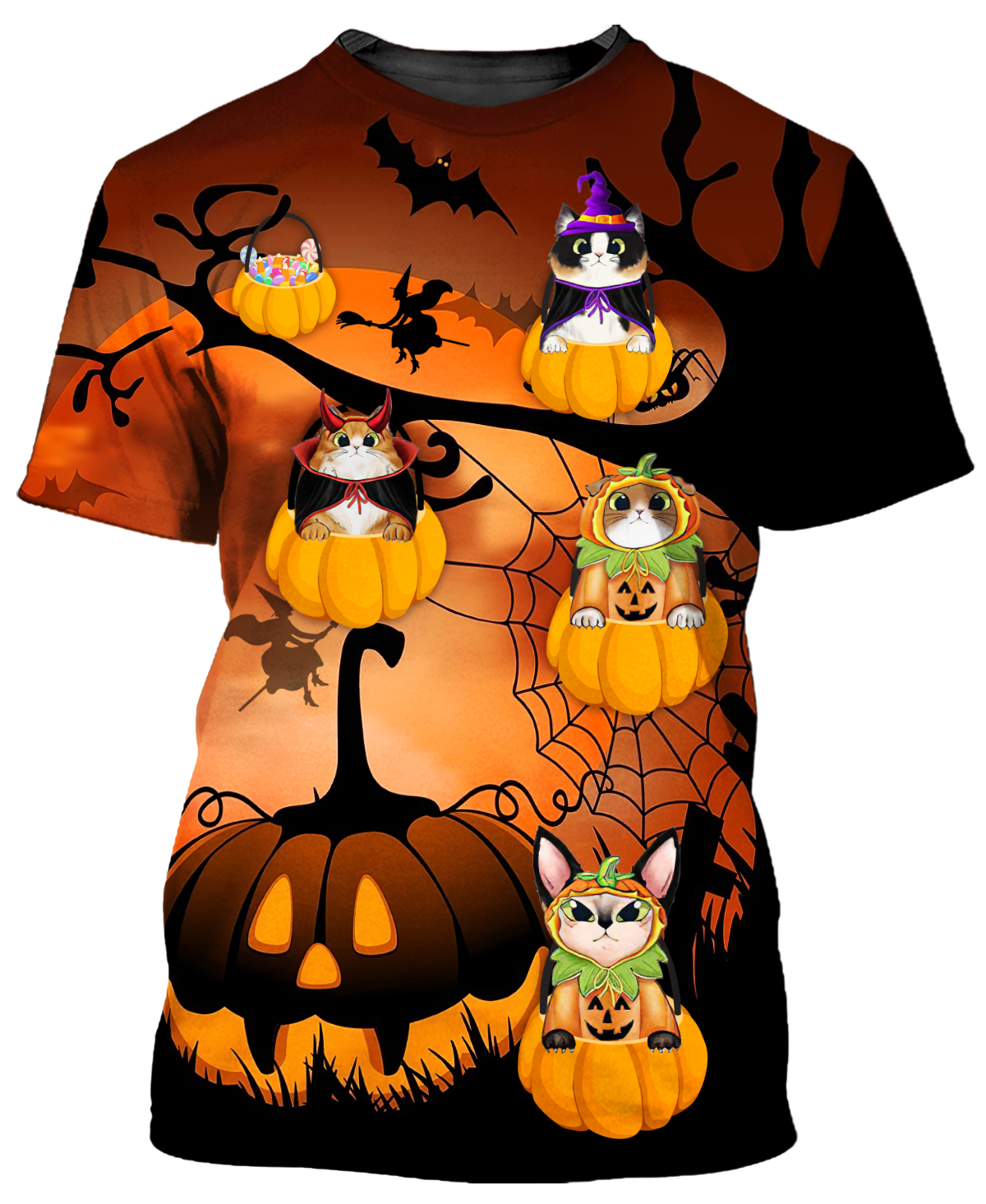 Happy Halloween Cat In Pumpkin Tree 3D T Shirt