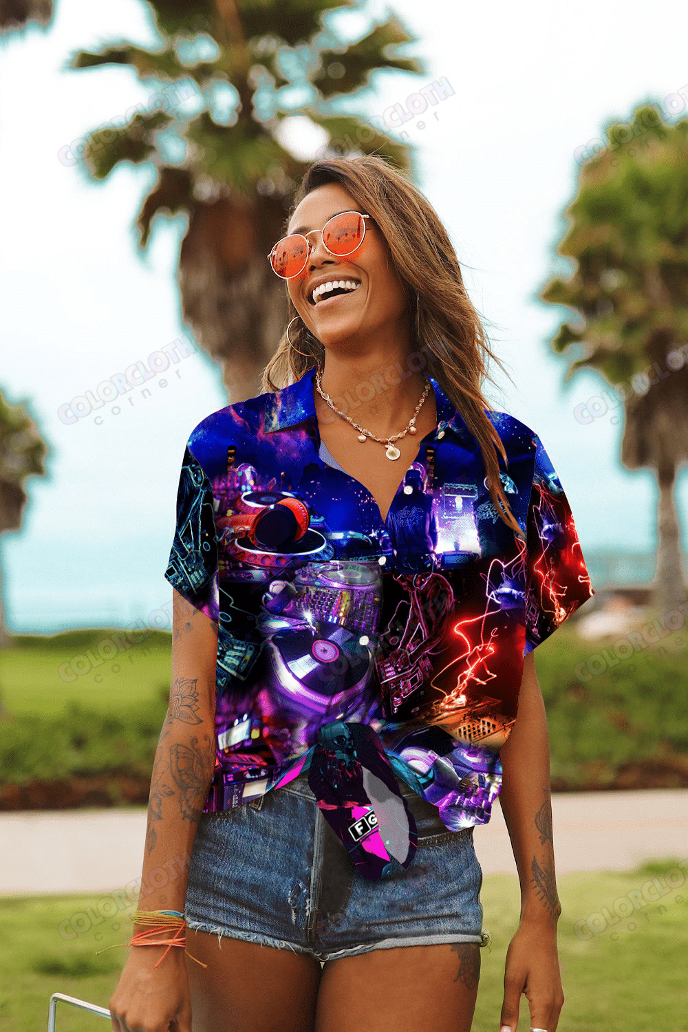 Hawaiian Aloha Shirt For Women, Dj Music Party On Neon Flash Music Hawaii Shirt