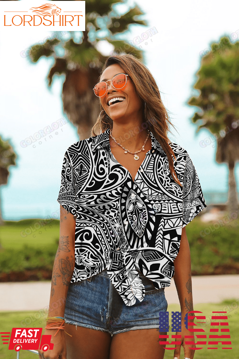 Hawaiian Aloha Shirt For Women, Polynesian Design Hawaiian Style Tribal Tattoo White Hawaii Shirtpng