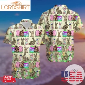 Hawaiian Aloha Shirts Bunny Leopard  Eggs Green Happy Easter Day V