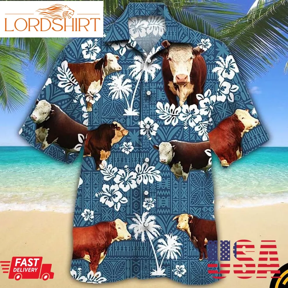 Hereford Cattle Blue Tribal On Hawaiian Shirt