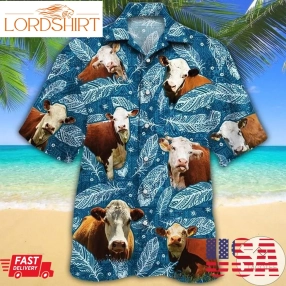 Hereford Cattle Lovers Blue Feather Hawaiian Shirt