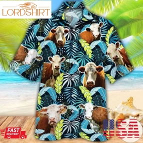 Hereford Cattle Lovers Jungle Leaves Hawaiian Shirt
