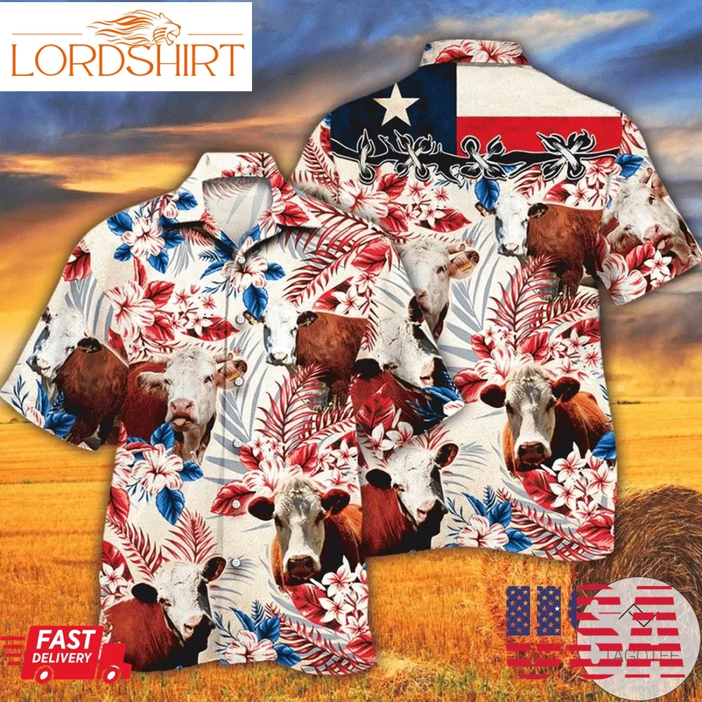 Hereford Cattle Lovers Texas Flag Hawaiian Shirt