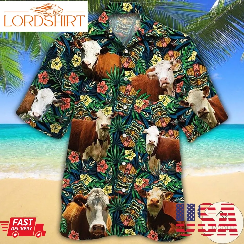 Hereford Cattle Lovers Tribal Tiki Mask Hawaiian Shirt